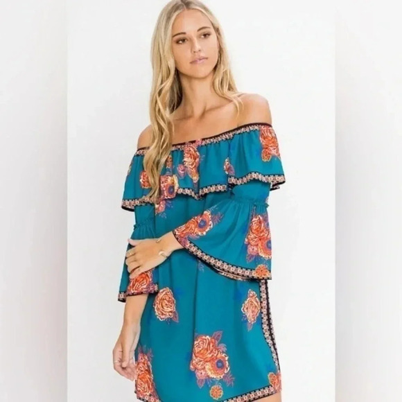 Flying Tomato Teal Ruffle Floral Rose Off The Shoulders Dress Size S Small - Picture 1 of 7